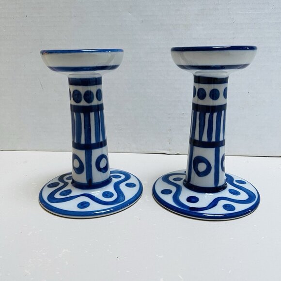 Vintage Dansk Arabesque Blue White Ceramic Candle Holders Set 2 Home Decor - Picture 2 of 9
